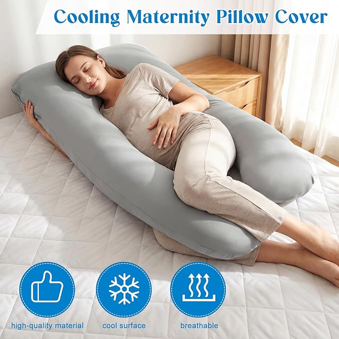 Hahafelt Cooling Pregnancy Pillow Cover (Only Pillowcase) 57 Inch Large U Shaped Full Body Pillowcase Maternity Stretchy Soft Breathable Cool Pillow Cover with Zipper for Side Sleeper (Gray)