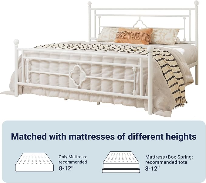 Allewie King Size Metal Platform Bed Frame with Victorian Vintage Headboard and Footboard/Mattress Foundation/Under Bed Storage/No Box Spring Needed/Noise-Free/Easy Assembly, White