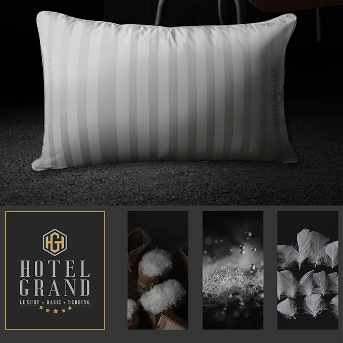 Hotel Grand Bed Pillows Standard Size Set of 2 Packs - 500 Thread Count 100% Cotton Medium Firm Hypoallergenic Feather Down Pillows Machine Washable Pillow for Back, Stomach or Side Sleepers, 20"x26"