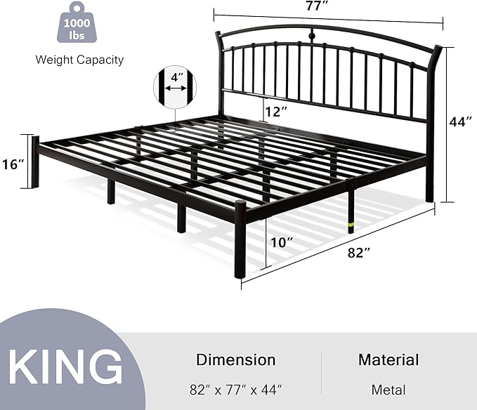 Einhomn King Size Bed Frame, Black Metal Bed Frame with 12" Under-Bed Storage, Heavy Duty Steel Slat Support, Noise-Free, No Box Spring Needed, Easy Assembly
