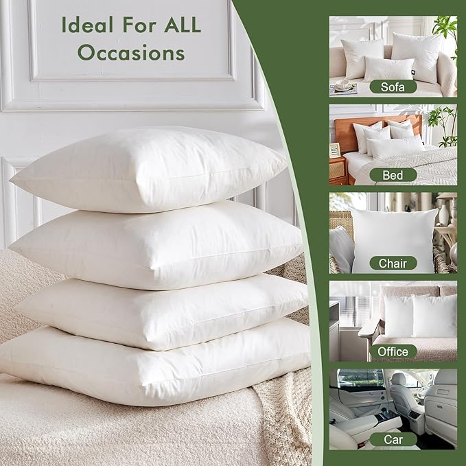 TOPGREEN Feathers Down Pillow Inserts 30x30, Euro Pillow Insert with 100% Organic Cotton Shell, Soft Decorative Throw Pillow for Living Room, Sofa, Couch, or Bed (White)