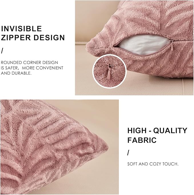 SOCHOW Decorative Throw Pillow Covers 18x18 Inches Set of 2, Soft Leaves Textured Flannel Fleece Pillowcase Square Cushion Covers for Sofa Couch Bed, Dusty Pink