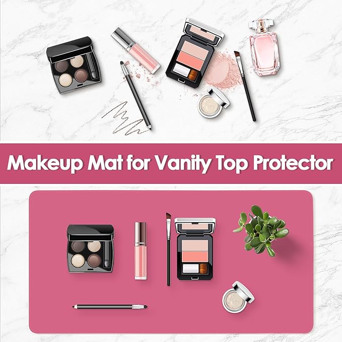 Makeup Mat for Vanity to Protect Desk Top 23.6 x 11.8 in, Dual-Sided Makeup Mat, Easy to Clean Desk Pad - Waterproof and Oilproof Vanity Accessories (Hot Pink and Khaki)