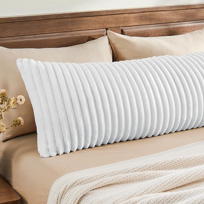 BEDELITE Fluffy Faux Fur Body Pillow Cover with Zipper, Luxury Plush 3D Striped Pillow Cover 20x54 Inches, Super Soft and Cozy Long Body Pillow Pillowcase for Bed Sofa Couch Room Decor(Bright White)
