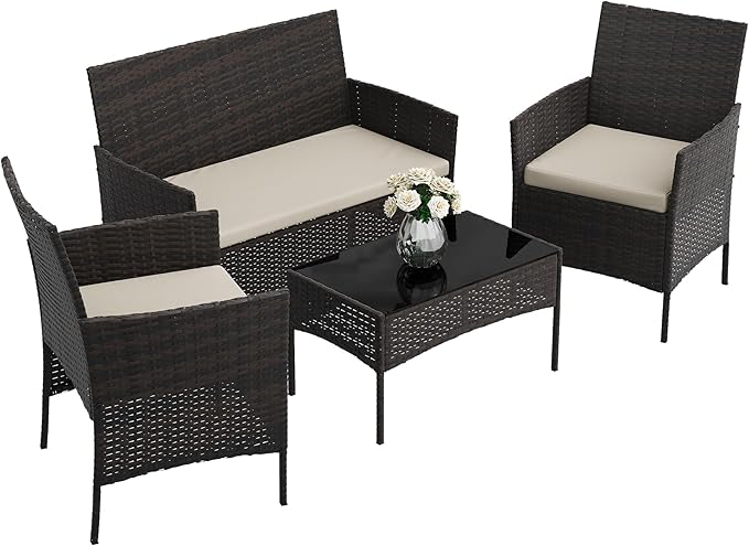 4-Piece Patio Furniture Set, Outdoor Wicker Conversation Set with Tempered Glass Coffee Table, Heavy Duty PE Rattan Sectional Sofa & Washable Cushions for Backyard, Deck, Poolside (Black Rattan/Beige)