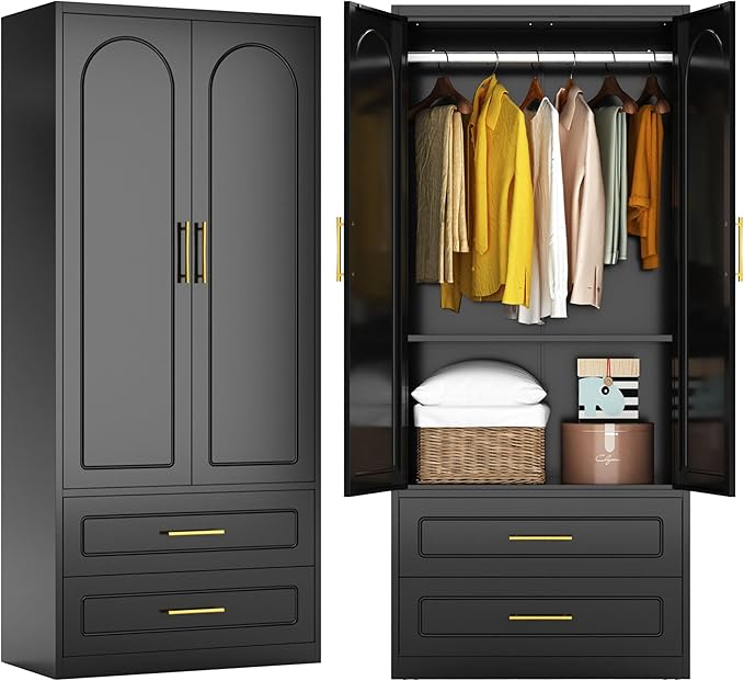 71" Metal Armoire Wardrobe Closet with Doors, Tall Wardrobe Cabinet with 2 Drawers, Hanging Rod and Adjustable Shelves, Black Clothing Storage Cabinets for Bedroom, Home Office