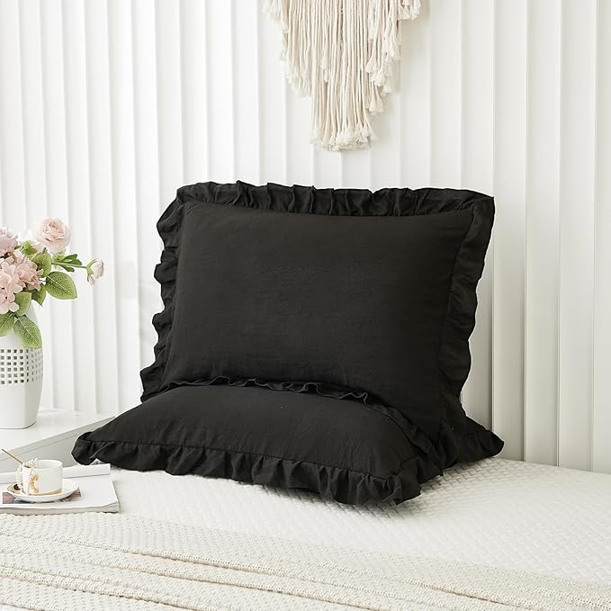 Black Pillow Shams Black Ruffle Queen Pillowcases Cute Pillow Cover Set of 2 Shabby Chic Soft Microfiber Pillowcases 2 Pack (Queen (20''x30'')