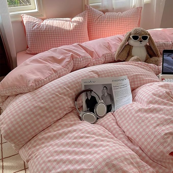 Nayoroom Gingham Duvet Cover King Size Reversible Pink Plaid Checkered Duvet Cover 3 Pieces Soft Breathable Washed Microfiber Girls Dorm Bedding Set for All Seasons