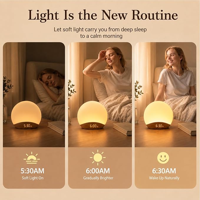 REACHER Wood Grain Sunrise Alarm Clock and Sound Machine Nightlight, Digital Dimmable Clock for Bedroom, 26 Sleep Sounds, White Noise Machine for Baby, Adults, Wake Up Light Alarm Clock for Kids
