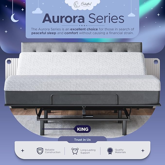 Celestial Sleep Aurora Adjustable Bed Base (Frame) + 10 inch Gel Memory Foam Mattress (Medium), Easy Assembly, Head and Foot Lift, Zero Gravity, Memory Positions, CertiPUR-US Bed - King
