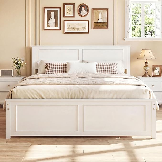 Giantex Wood Queen Size Bed Frame with Headboard, Farmhouse Solid Platform Bed w/Wooden Slat Support Mattress Foundation, Under-Bed Storage, No Box Spring Needed, White