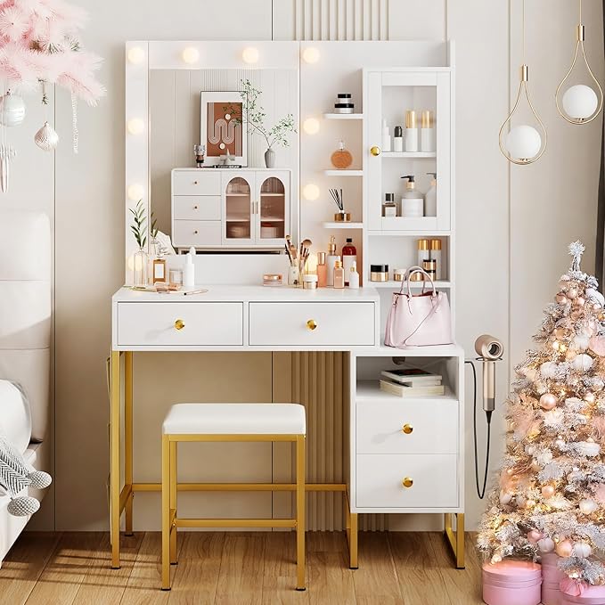 KAMABOKO White Modern Vanity Desk with Mirror & Lights, Makeup Vanity Table with 4 Drawers, 1 Glass Cabinet, 3 Lighting Color Adjustable, Girls Dressing with Stools for Bedroom