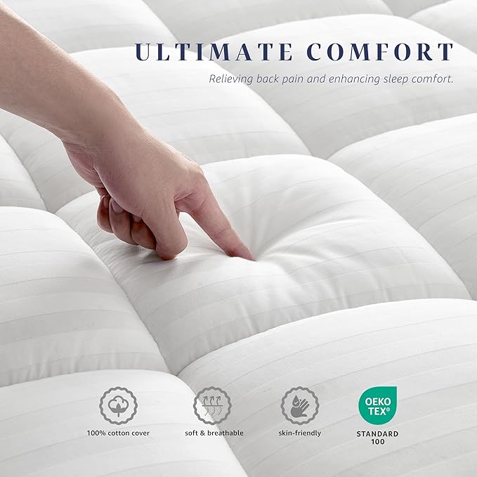 Twin XL Mattress Pad for Dorm Room, Thick Quilted Mattress Topper with 8-22" Deep Pocket, Breathable Cotton Top Fitted Mattress Cover, Cooling & Cloud-Like Comfort (39 x 80 Inches, White)