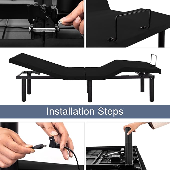 Fromann Adjustable Electric Twin XL Bed Base Frame with Massage, USB Type-C Ports, Zero Gravity, Under Bed Led Lighting and Three Leg Height (Black)