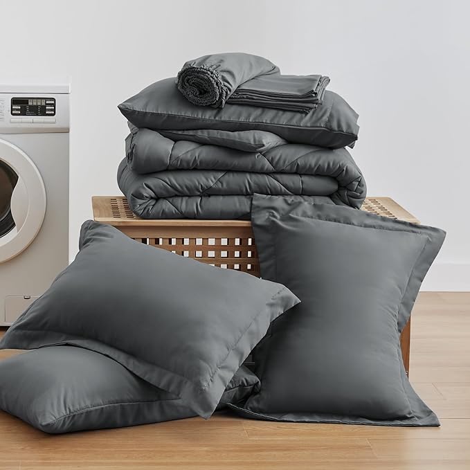 Love's cabin Full Comforter Set Dark Grey, 7 Pieces Full Bed in a Bag, All Season Bedding Sets with 1 Comforter, 1 Flat Sheet, 1 Fitted Sheet, 2 Pillowcase and 2 Pillow Sham | Soft, Breathable, Lightweight, Comfortable