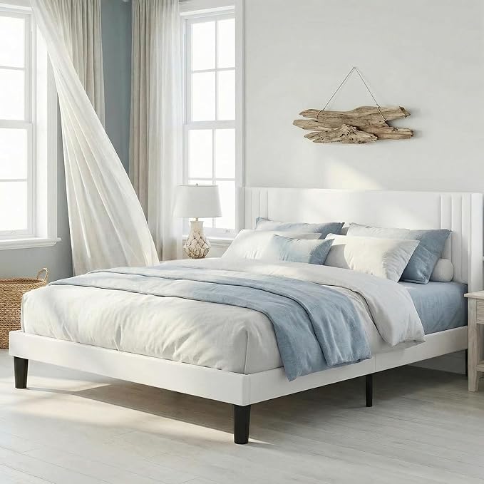 Gizoon Queen Bed Frame, Upholstered Platform Bed with Wingback and Modern Geometric Headboard, Wooden Slats, Noise-Free, No Box Spring Needed