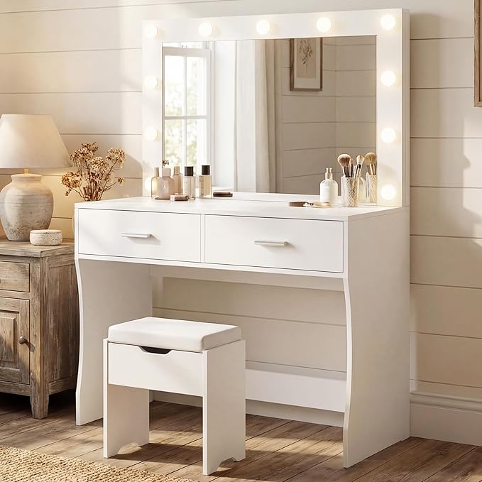 YESHOMY Vanity Desk with Mirror,Makeup Vanity Table with 11 Adjustable Lights and 2 Spacious Drawers,3 Lighting Modes with Control&Soft-Padded Storage Stool,Modern Bedroom Vanity Set, Pure White