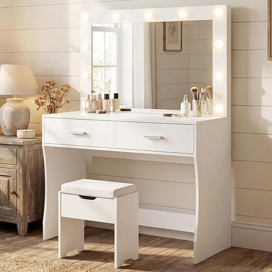 YESHOMY Vanity Desk with Mirror,Makeup Vanity Table with 11 Adjustable Lights and 2 Spacious Drawers,3 Lighting Modes with Control&Soft-Padded Storage Stool,Modern Bedroom Vanity Set, Pure White