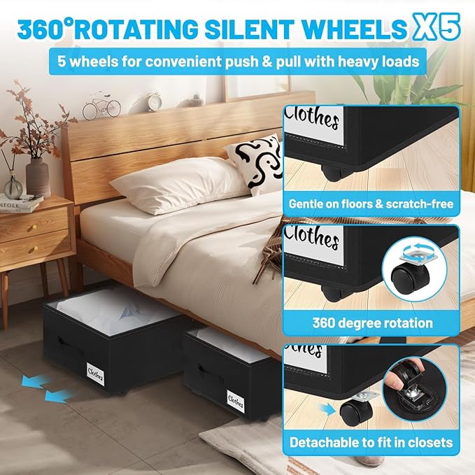 Under Bed Storage with Wheels, 2-Pack 10" Height XXL 60L Rolling Storage Bins, Quick Assembly Underbed Shoe Storage Containers with Clear Lid & Label, Dorm Under Bed Drawers for Clothes, Shoes, Black