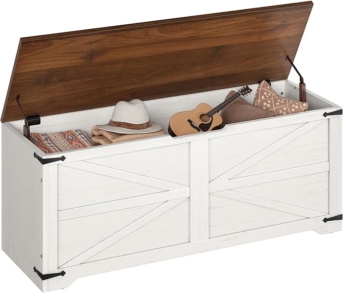 DWVO Storage Bench, 47.2" Farmhouse Storage Chest with 2 Safety Hinges, Wooden Utility Organizer, Shoe Bench for Entryway, Bedroom, Living Room, White and Walnut