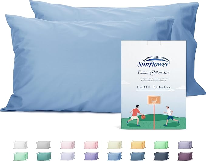 Sunflower King Pillowcases Set of 2, 100% Cotton King Size Pillow Cases 2, 20×40 inches Placid Blue, Soft and Breathable