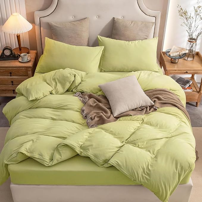 PURE ERA Jersey Knit Duvet Cover Set 100% T-Shirt Cotton Super Soft Comfy 2pc Bedding Set with Zipper Closure (Yellow Green, Twin)