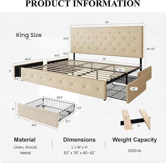 SHA CERLIN Upholstered King Size Platform Bed Frame with 4 Storage Drawers, Adjustable Headboard with Diamond Stitched Button Tufted Design, Wooden Slat Support, No Box Spring Needed, Beige