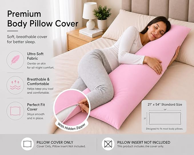EVOLIVE Body Pillow Cover 21"x54", Ultra Soft Microfiber Pillowcase with Hidden Zipper, Breathable, Machine Washable, for Pregnancy & Side Sleepers, Cover Only (21"x54" Body Pillow Cover, Pink)