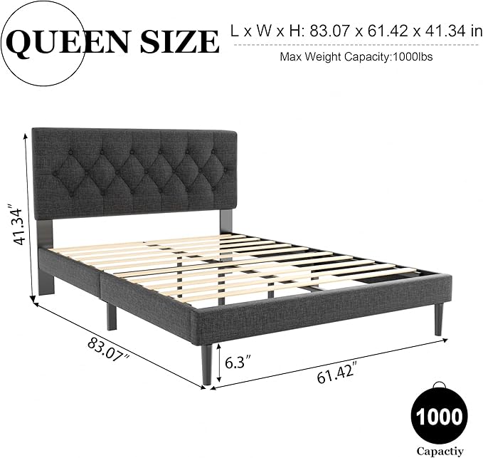 HAOARA Queen Size Platform Bed Frame with Upholstered Button Tufted Headboard, Mattress Foundation with Wooden Slat Support, Noise Free, No Box Spring Needed, Easy Assembly, Dark Grey