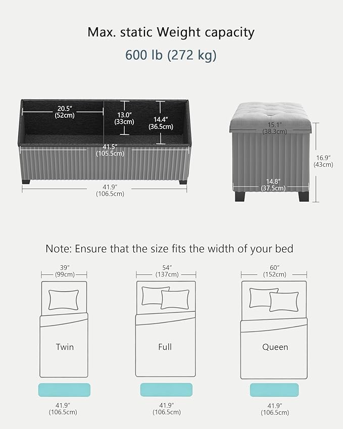 LITZFUR Storage Ottoman Bench, 43 Inch Foldable Ottoman with Legs, Velvet Foot Rest Stool, End of Bed Bench, Storage Chest for Living Room, Bedroom (Grey)