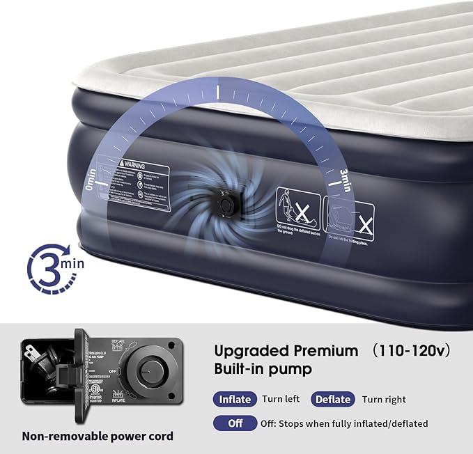 VOSSER Air Mattress Full with Built in Pump,18''Inflatable Mattress of Upgraded Vertical Beams,Self Inflatable/Deflation Blow Up Mattress in 3 Mins,Flocked Top Airbed with Carry Bag for Home, Camping