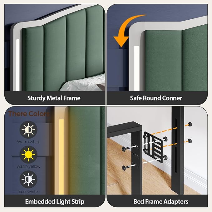 Headboard for King Size Bed with LED Lights, Upholstered Vertical Channel Tufting Head Boards, Velvet Headboard Only, Study & Comfortable, Ideal for Bedroom, Dorm, Guest Room, Green