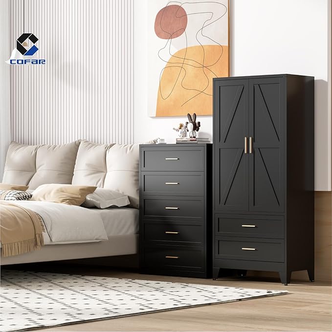 COFaR Armoire Wardrobe Closet with Drawers & Hanging Rod, 71'' Metal Wardrobe Closet with Doors & Adjustable Shelf, Farmhouse Wardrobe Cabinet for Bedroom Home Office Garage, Black