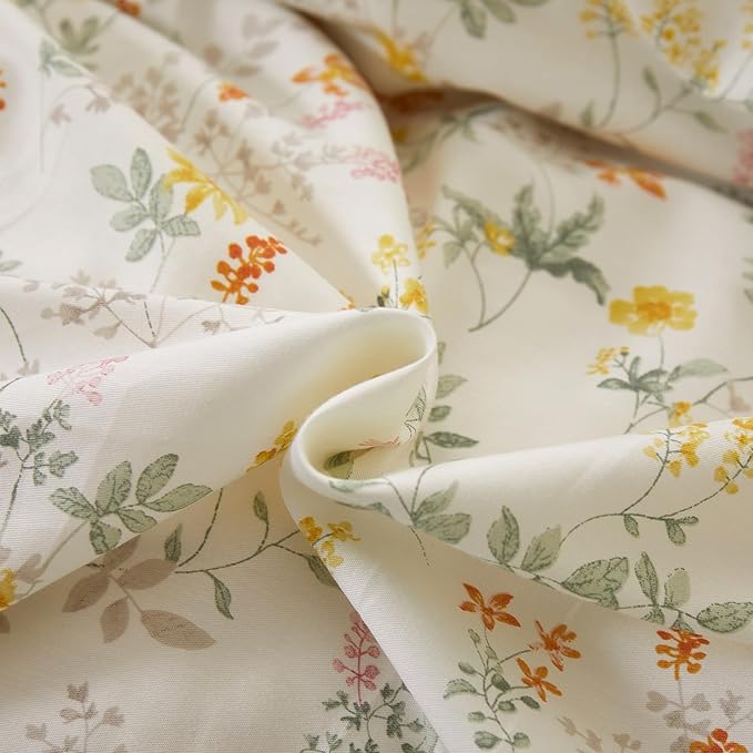 mixinni 100% Cotton Duvet Cover Set Twin, Reversible Spring Floral Ruffle Green Striped Bedding for Girls, French Country Cottagecore Aesthetic 3PC Duvet Cover with Zipper Closure & Pillowcases
