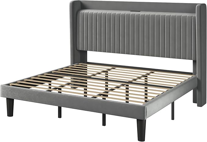 Allewie King Size Platform Bed Frame with USB Charging Station and Storage Shelf/Upholstered Velvet Wingback Headboard/Wooden Slats Support/No Box Spring Needed/Easy Assembly, Grey