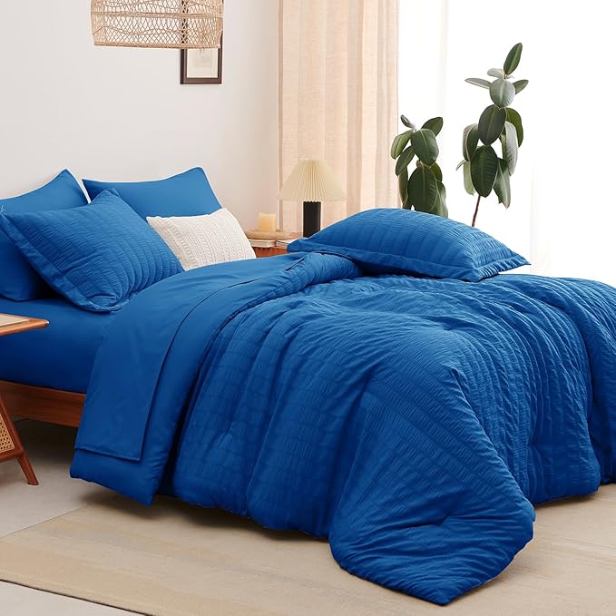 CozyLux Full Size Comforter Sets with Sheets 7 Pieces, Classic Blue Seersucker Bed in a Bag Textured Luxury Soft Bedding Set with Down Alternative Comforter, Sheets, Pillowcases & Shams for All Season