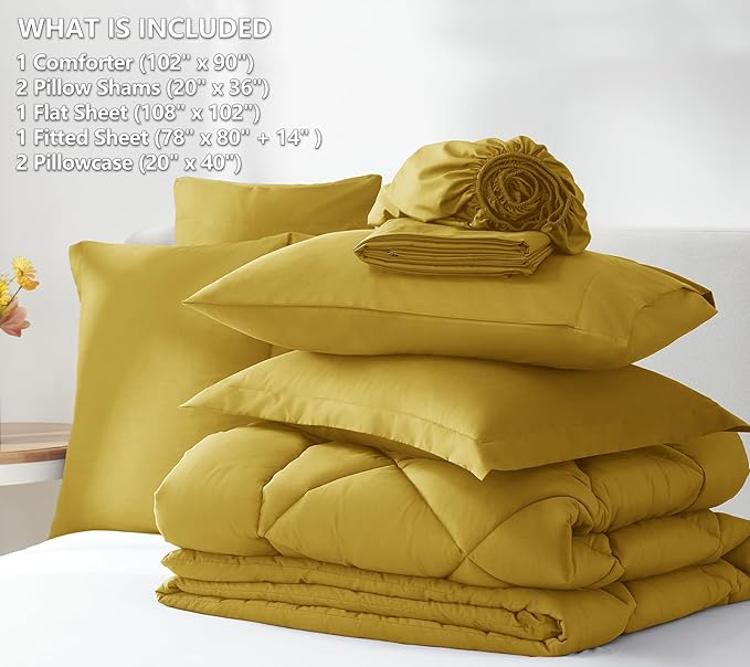 CozyLux King Size Comforter Set Mustard Yellow - 7 Pieces Bed in a Bag King, Luxury Soft Bed Set for All Seasons, Bedding Set with Down Alternative Comforter, Sheets, Pillowcases & Shams