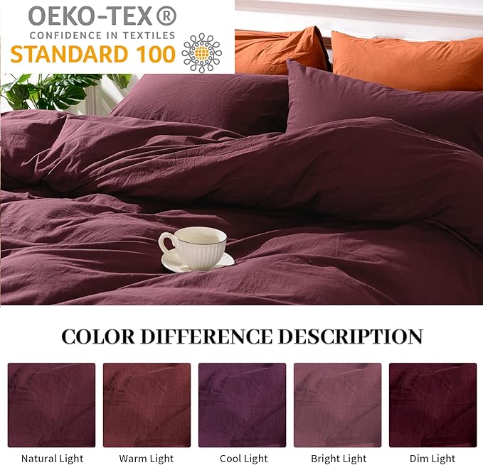 NEXHOME PRO Duvet Cover Set King Size Linen Look Textured Organic Natural 100% Washed Cotton Duvet Cover Burgundy Dark Red 3 Pieces Bedding Set with Zipper, Breathable (No Comforter)