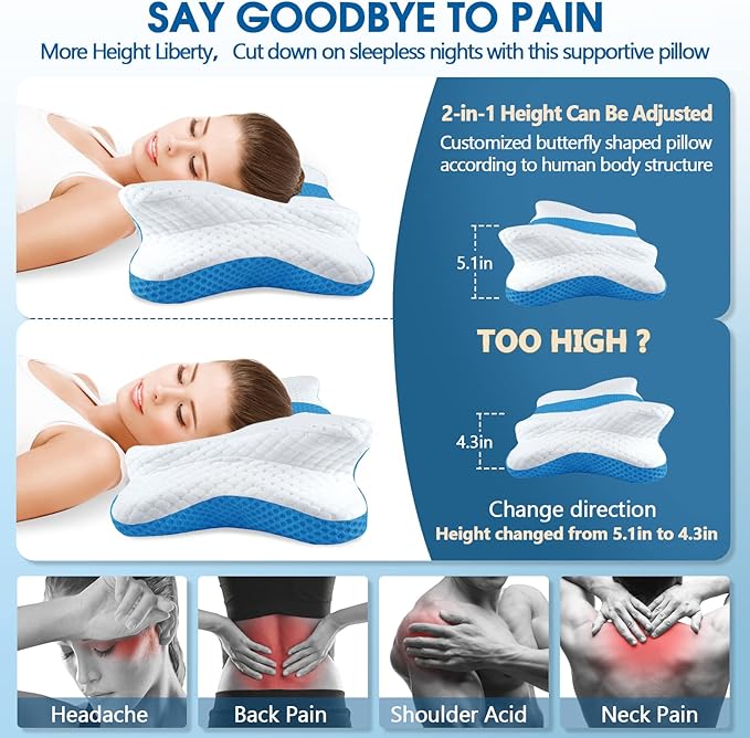 CHxxy Cervical Neck Pillow for Pain Relief Sleeping, Memory Foam Pillows, Ergonomic Side Sleeper Pillows for Adults, Orthopedic Neck Support Pillow for Back Stomach Sleepers-King Size&Blue