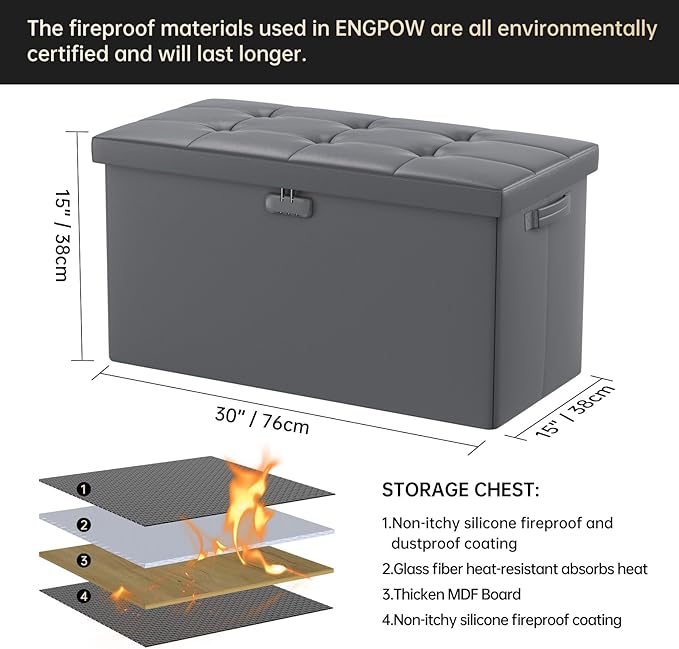 ENGPOW Storage Ottoman Bench,Fireproof Folding Bench with Lock,30 Inches Fire＆Water Resistant Storage Chest Foot Rest Stool Leather Bedroom Ottoman Safe for Documents,Valuables, Pink