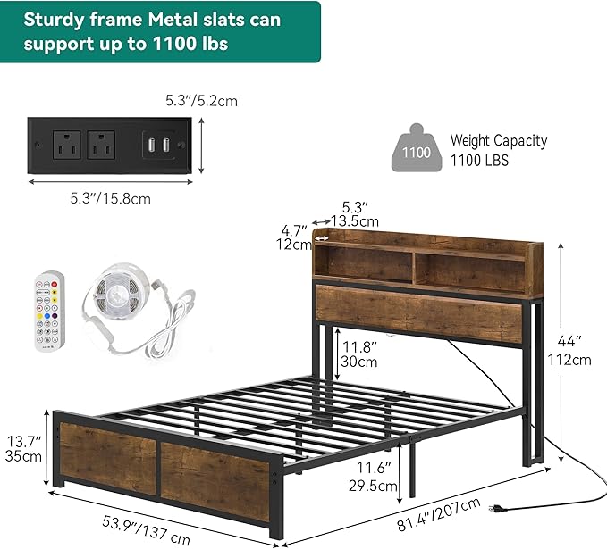 YITAHOME Full Bed Frame with 2-Tier Storage Headboard, Metal Platform Bed Frame with Charging Station & LED Lights, Noise-Free/Metal Support/No Box Spring Needed, Rustic Brown