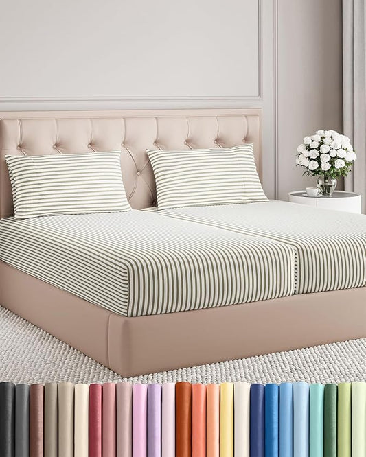 Split King Size 5 Piece Sheet Set - Comfy Breathable & Cooling Sheets - Hotel Luxury Bed Sheets for Women & Men - Deep Pockets, Easy-Fit, Soft & Wrinkle Free Sheets - Beige Stripes Oeko-Tex Bed Sheets
