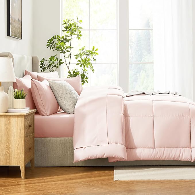 CozyLux Oversized King Comforter Sets Blush Pink, 7 Pieces Bed in a Bag, Ultra-Soft All Season Bedding Sets with Stitch Quilted Comforter, Flat Sheet, Fitted Sheet, Pillowcases