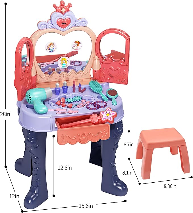 Eohemeral Magic Sensor Toddler Vanity Set with Automatic Opening Mirror, Kids Makeup Table with Induction Light & Music, Real Sound Hair Dryer, Fairy Wand & Accessories, Toy for Girls Age 3 4 5