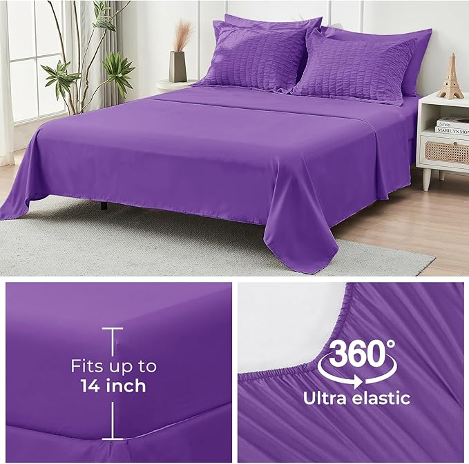 HYMOKEGE Bright Purple Full Size Comforter Sets Seersucker 7 Pieces, All Season Luxury Bed in a Bag for Bedroom, Bedding Set with Comforter, Sheets, Pillowcases & Shams