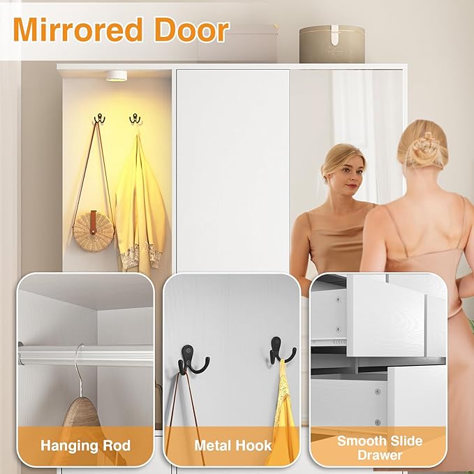 Armoire Wardrobe Closet with Mirror Door and LED Light, Bedroom Armoire with 6 Drawers, Modern Wooden Large Wardrobe Closet with Shelves, Wooden Armoire with Hanging Rod for Bedroom(White)