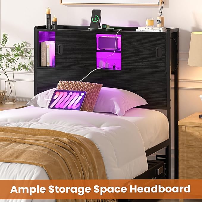 Homieasy Twin Storage Headboard with Sliding Doors, Bookcase Head Board with Charging Station & Smart LED Light, Headboard Only for Twin Bed, Wood Headboards with Bookshelf