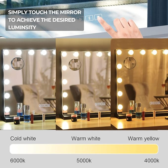Hansong Bluetooth Black Vanity Makeup Mirror with Lights, Hollywood Mirror with 3 Color Lighting Modes 15 Dimmable LED Bulbs Large Vanity Mirror for Bedroom