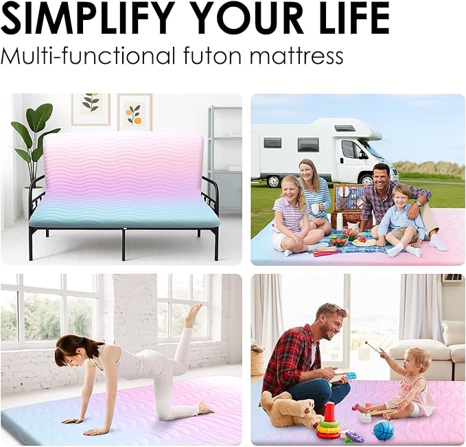 SCHNAUZER HOME Japanese Floor Futon Mattress, 3.5" Thicken Colorful Rainbow Portable Floor Mattress, High-Density Foam Tatami Mat Sleeping Pad for Camping Guest Room Dormitory RV, Twin
