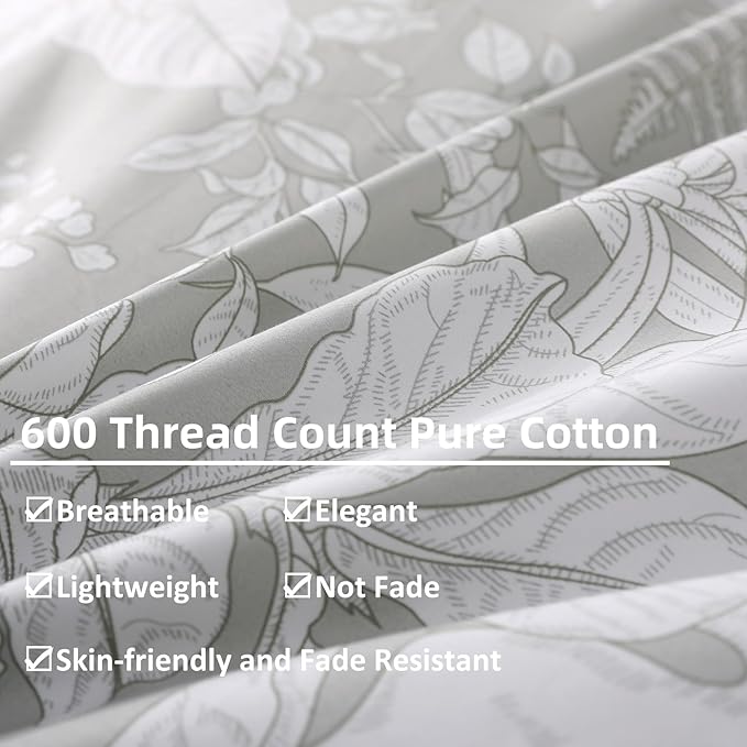 OAITE Duvet Cover Set Twin Size Floral Pattern 600 Thread Count Ultra Soft 100% Long Staple Cotton Duvet Cover Sets 3-PC, Breathable Duvet Cover with Zipper Closure & Corner Ties